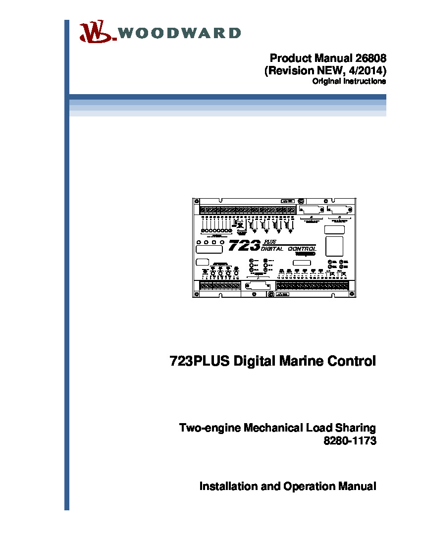 First Page Image of 8280-1173 Woodward 723PLUS Digital Marine Control Two-engine Mechanical Load Sharing 26808.pdf